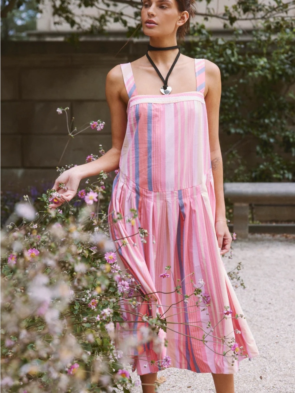 Free People Pink Striped Midi Dress Square Neck Boho Small
